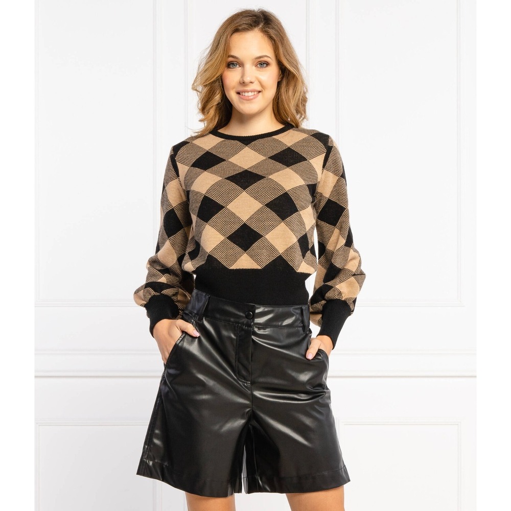 MARELLA SPORT WOOL SWEATER JUMPER PULLOVER BROWN BLACK GEOMETRIC PLAID LARGE